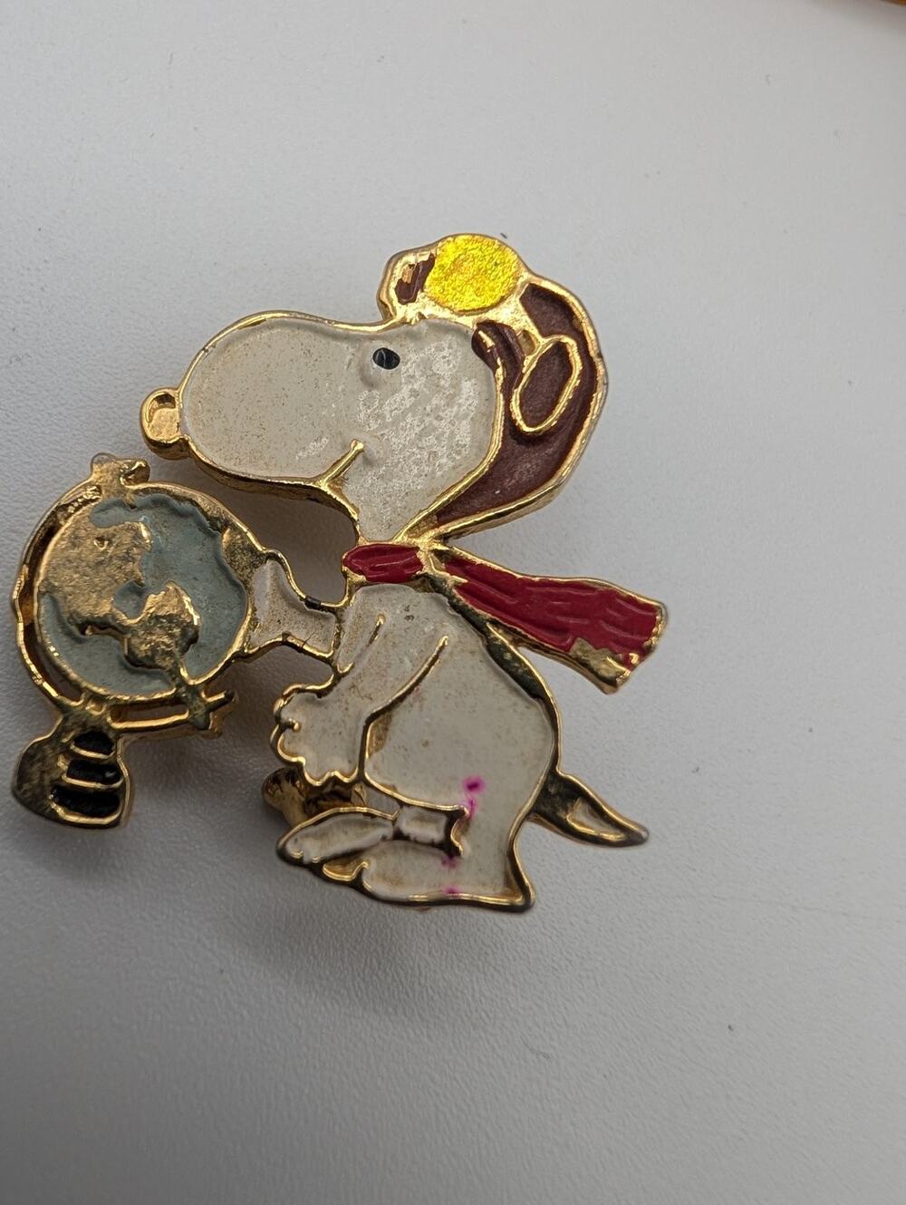 Vintage Snoopy Pilot with Globe Enamel Pin United Features Peanuts Collectible